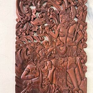 Hand Carved Balinese Teak Panel - Mythical Figures in Deep Brown